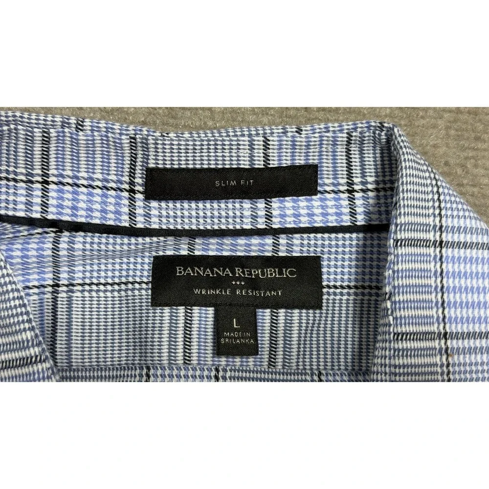 Banana Republic Dress Shirt Mens L Blue Plaid Slim Fit Wrinkle Resistant Stretch